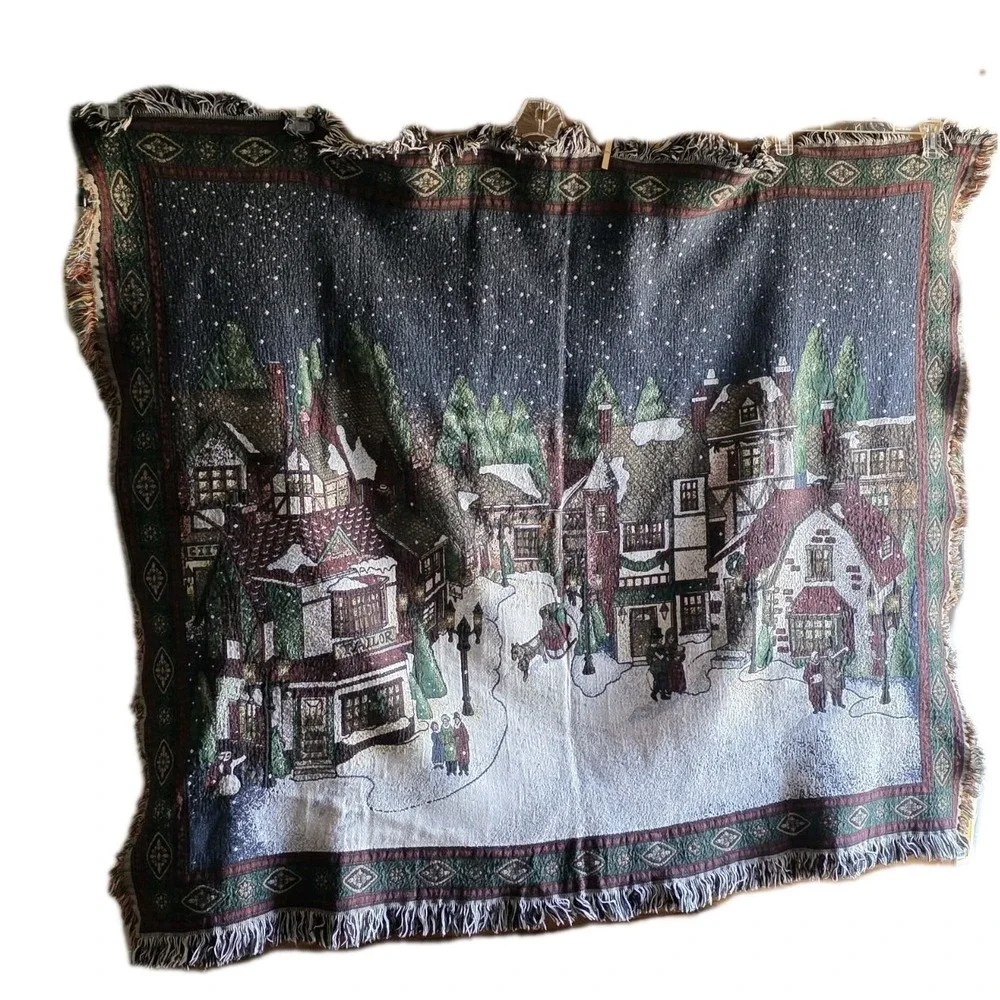 Chatham Christmas Village Throw Royal Tapestry Vintage Cotton USA